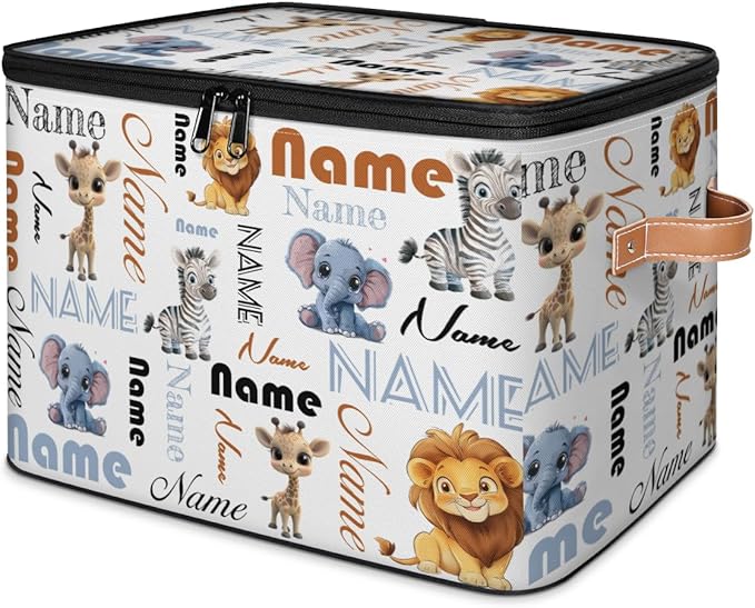 Custom Storage Bins with Zipper Lid Personalized Elephant Zebra Giraffe Lion Fabric Lidded Storage Baskets Boxes Foldable Cubes Clothes Organizer Container