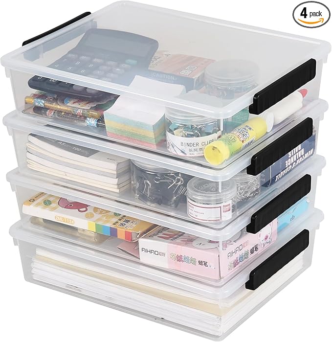 Wekioger 6 Quart Clear Flat Organizer Box with Lid Plastic File Storage Bin 4 Pack