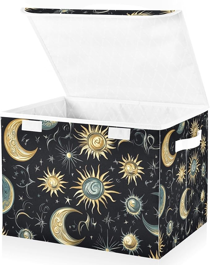Storage Bins with Lids Storage Containers Box Organizer Bin Basket with Handles for Closet Shelves Clothes Stackable Foldable Decorative Star Moon Sun Constellation Black