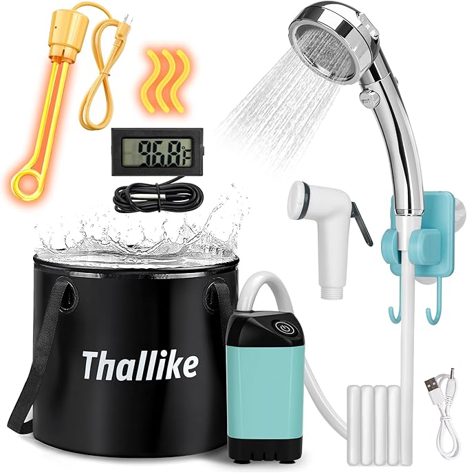 Portable Hot Shower for Camping Shower Tent Kit 1000W Immersion Heater Rechargeable Camping Shower Pump Pop Up Shower Tent with 6.6 Gallons Folding Bucket for Adults Outdoor