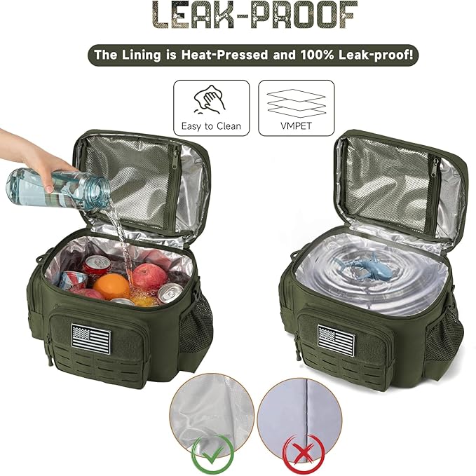 QT&ampQY Tactical Lunch Bag for Mens Military Heavy Duty Lunch Box Work Leakproof Insulated Durable Thermal Cooler Bag for Adult Meal for Office Camping Picnic Pail MOLLE Webbing Army Green