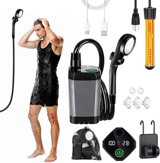 Camping Shower with Heater Portable – 6000mAh Rechargeable Hot Water Shower Pump with LED Display 3 Spray Modes for Outdoor Camping RV Pet Bath Car Wash Travel