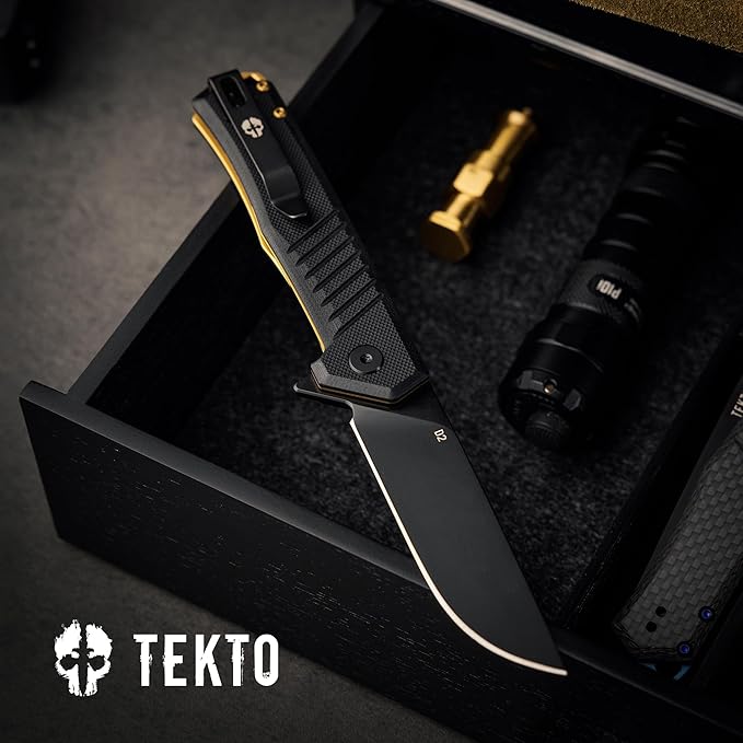 TEKTO F1 Alpha Folding Pocket Knife - Modified Straight Back Blade Titanium Coated D2 Steel Ideal for Outdoor Camping and Backpacking Tactical G10 Black Handle Bronze Titanium Accents