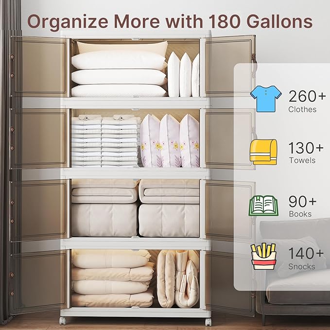 UAMFURI Stackable Storage Bins with Lids 720QT Closet Organizers and Storage with Doors and Wheels Extra Large Storage Cabinet Collapsible Plastic Drawers for Bedroom Dorm Office Garage