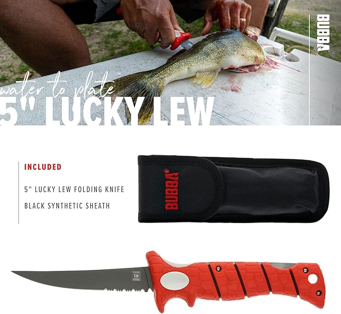 BUBBA 5 Inch Lucky Lew Folding Compact Fillet Knife with Non-Slip Grip Handle Stainless Steel Blade Lanyard Hole and Synthetic Carry Case for Gutting Fishing and Hunting