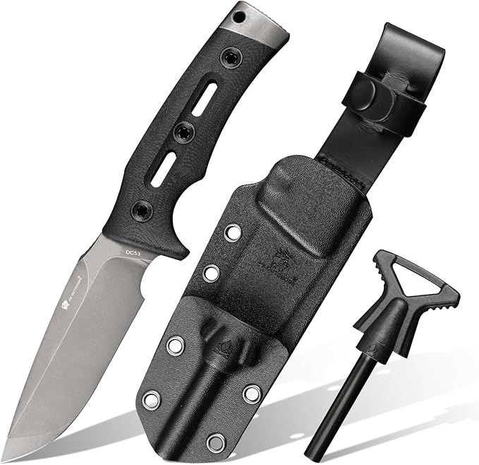 HX OUTDOORS Fixed Blade Knife with Fire Starter Premium DC53 Steel Full Tang Tactical Knives for Men Bushcraft Survival Camping Knife with Kydex Sheath for EDC Outdoor (Gray)