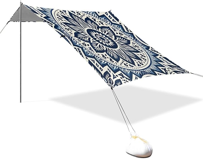 Blue Flower Mandala Beach Tent Sun Shelter Set UPF50+ UV Protection 10.5 x 9.19 FT Camping Shade Canopy with Sandbags Sand Anchors Carrying Bag and Others