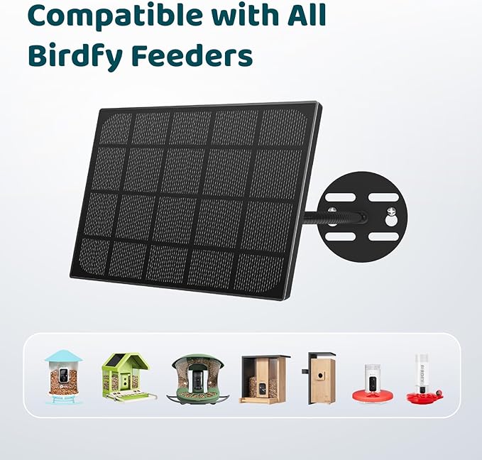 Birdfy 3W Solar Panel for Smart Bird Feeder Camera Type-C Charger for Birdfy Feeder 360° Adjustable Swivel Mount IP65 Waterproof for Outdoors 3W Continuously Power Supply (9.8ft Chew-Proof Cable)