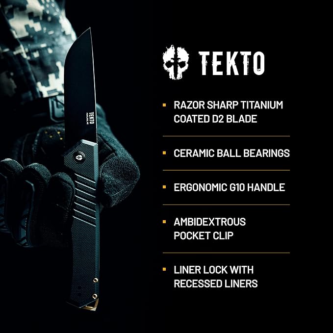 TEKTO F1 Alpha Folding Pocket Knife - Modified Straight Back Blade Titanium Coated D2 Steel Ideal for Outdoor Camping and Backpacking Tactical G10 Black Handle Bronze Titanium Accents