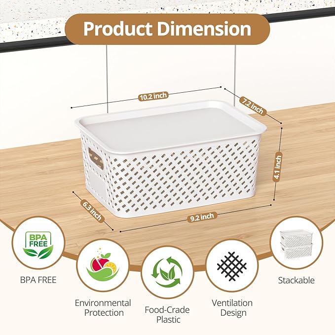 Plastic Storage Bins with Lid Stackable Small Box Basket for Organizing and Containers for Shelves Drawers Desktop Closet Playroom Pantry Classroom Office Home 8-pack 10.2x7.2x4.1 Inch White