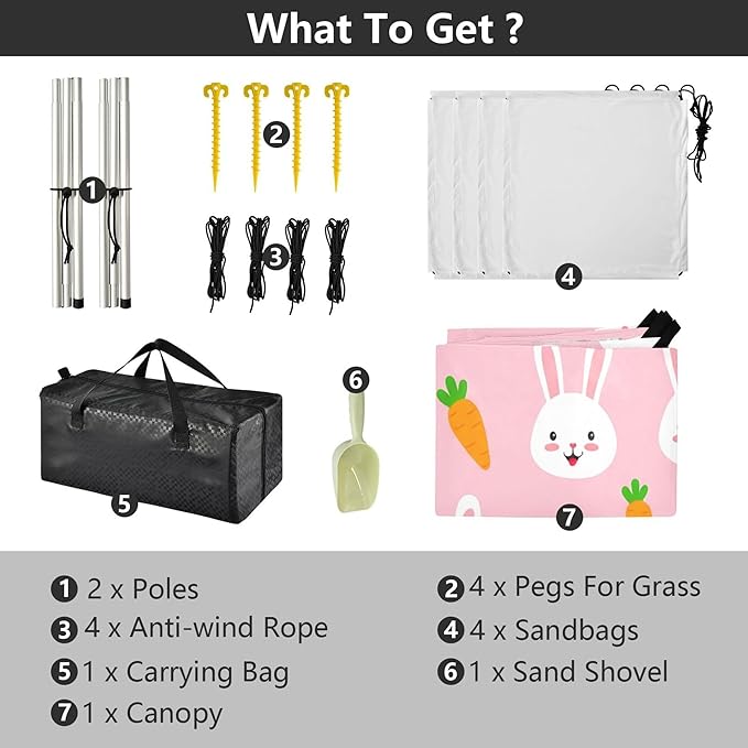 Bunny Beach Canopy Sun Shelter with Sandbags &amp Sand Shovel &amp Windproof Ropes - Portable 110x126 Beach Shade Beach Tent for Camping Picnics