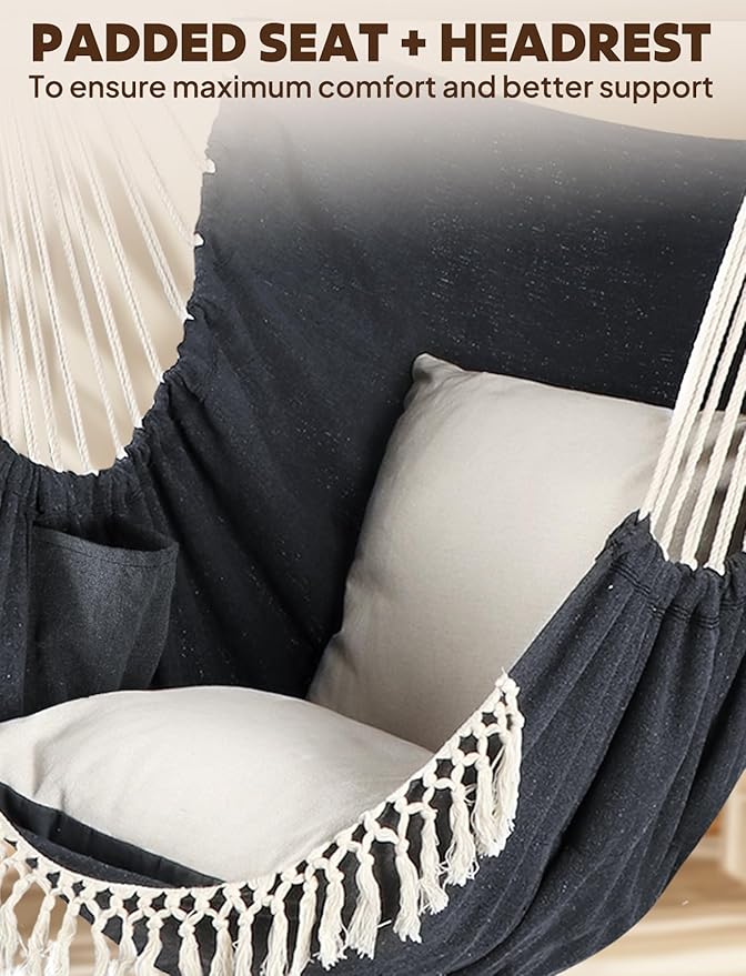 Chihee Hammock Chair Hanging Swing 2 Pillows IncludedStrong Webbing Straps and Hooks for Easy Hanging Soft Cotton Hanging Chair Side Pocket Tassel Chair Comfort Indoor Outdoor Dark Grey