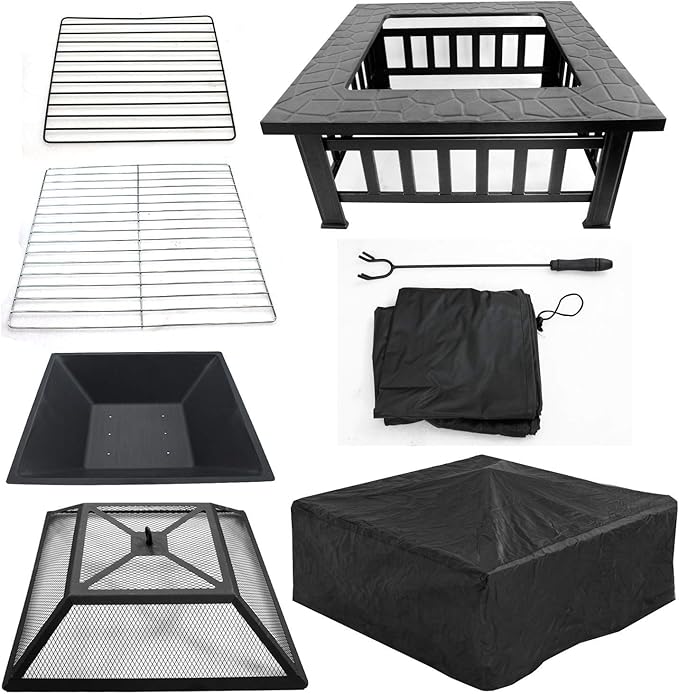 ZENY 32 inch Outdoor Fire Pit with Grill for Outside Wood Burning Square Metal Outside Fireplaces Spark Screen and Poker Included for Backyard Patio Camping Bonfire
