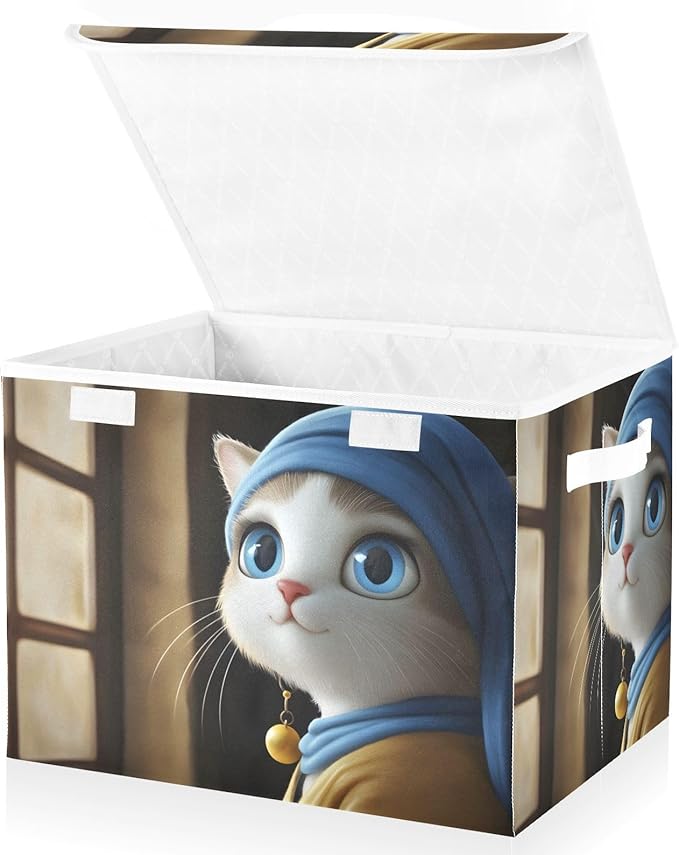 AIXIWAWA Lidded Storage Cube (Cat Lady Portrait) Fabric Foldable Closet Bins with Flip Lid and Handles Organizer Basket Container 16.5 x 12.6 x 11.8 IN