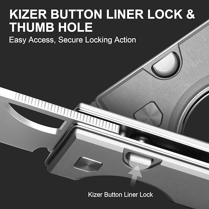 Kizer Little Ringbo Pocket Knife 2.95 AEB-L Steel Drop Point Folding Knife with Gray Aluminum Handle Thumb Hole Opener Button Liner Lock EDC knives for Camping Hiking V3708A1