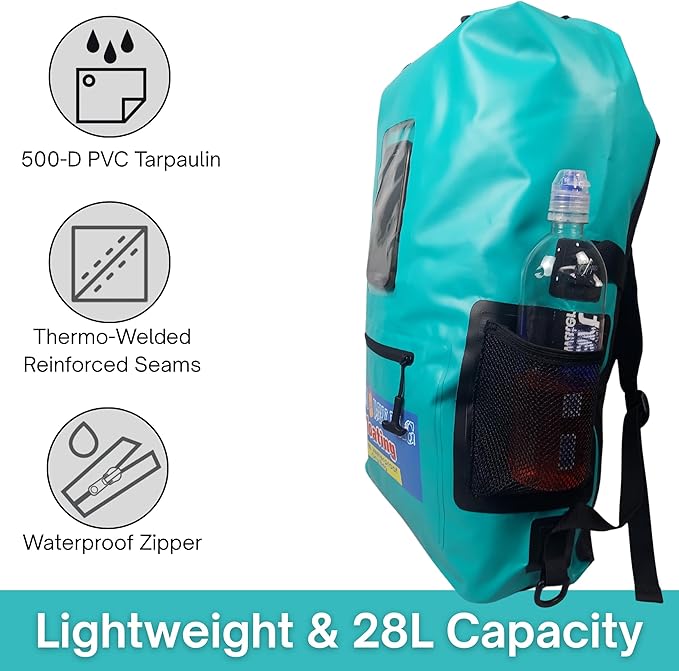 Waterproof Backpack 28L Teal Dry Bag Cell Phone Pouch with Exterior Window for Easy Use During All Water Sports | 28L Large Capacity | Ideal for Hiking Boating Rafting and Travel