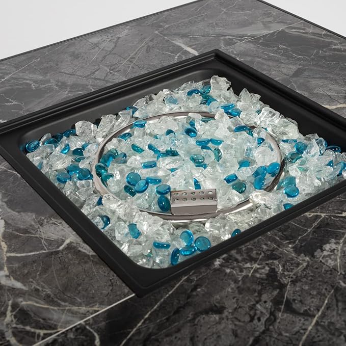 30'' Propane Fire Pit Table Marble Textured Ceramic Tabletop 50000 BTU Fire Table with Brown Wicker Mix Color Glass Rocks Including Lid&ampCover Square