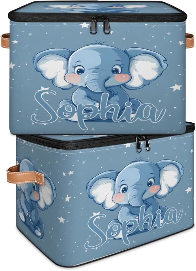 Custom Storage Basket with Name Personalized Storage Bins with Zipper Lid Foldable Fabric Storage Box Large capacity with Handle Elephant Star Blue