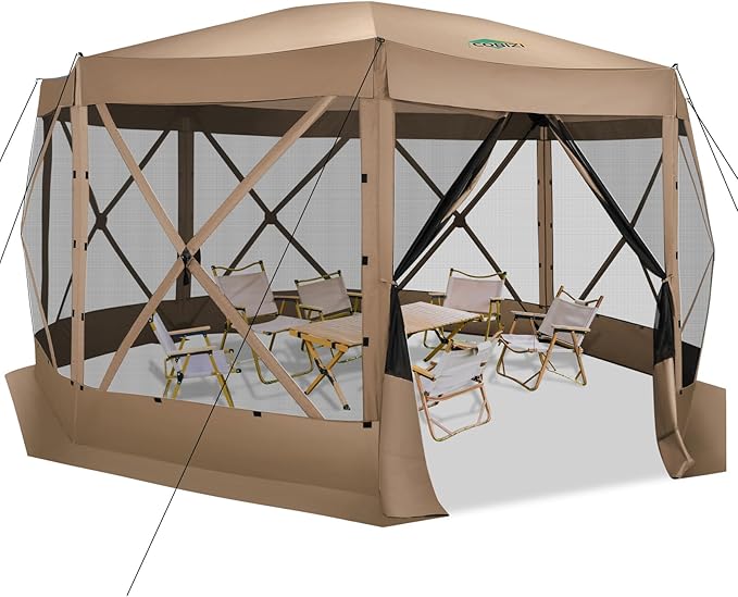 COBIZI 15x15FT Pop Up Gazebo Screen Tent Screen House for Camping Screen Room with Mosquito Netting Hub Tent Instant Screened Canopy with Carrying Bag and Ground Stakes Khaki(Upgraded)
