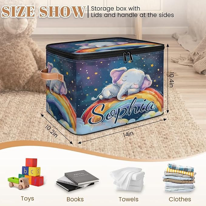 Custom Storage Basket with Name Personalized Storage Bins with Zipper Lid Foldable Fabric Storage Box Large capacity with Handle Elephant Rainbow