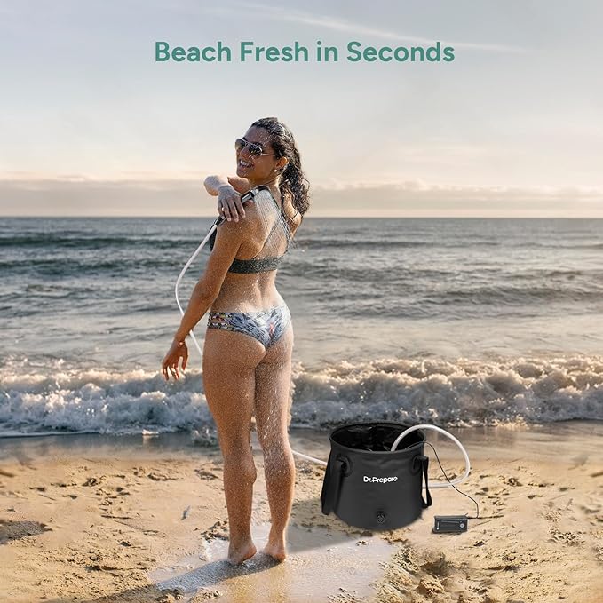 DR.PREPARE Portable Shower for Camping Camping Shower with 4.5 Gallons Foldable Bucket USB Rechargeable Battery 2 Shower Heads Outdoor Camp Showers for Hiking Travel Climbing Pet Cleaning