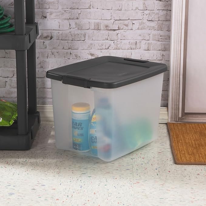 Sterilite 12-Pack 50 Quart ShelfTote Clear Plastic Storage Organizer Bins with Gray Lids – Stackable Home and Office Containers for Closet or Shelves