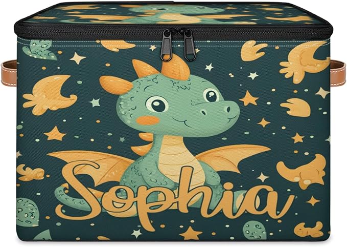 Custom Storage Basket with Name Personalized Storage Bins with Zipper Lid Foldable Fabric Storage Box Large capacity with Handle Dinosaur Star