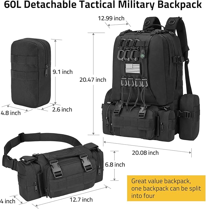CVLIFE 60L Tactical Backpack for Men Women Military Large Army Rucksack With D-Ring Molle Clips Compass Accessories 3 Day Bug Out Survival Molle Bag Hiking Camping Gym Daypack BackpacksBlack