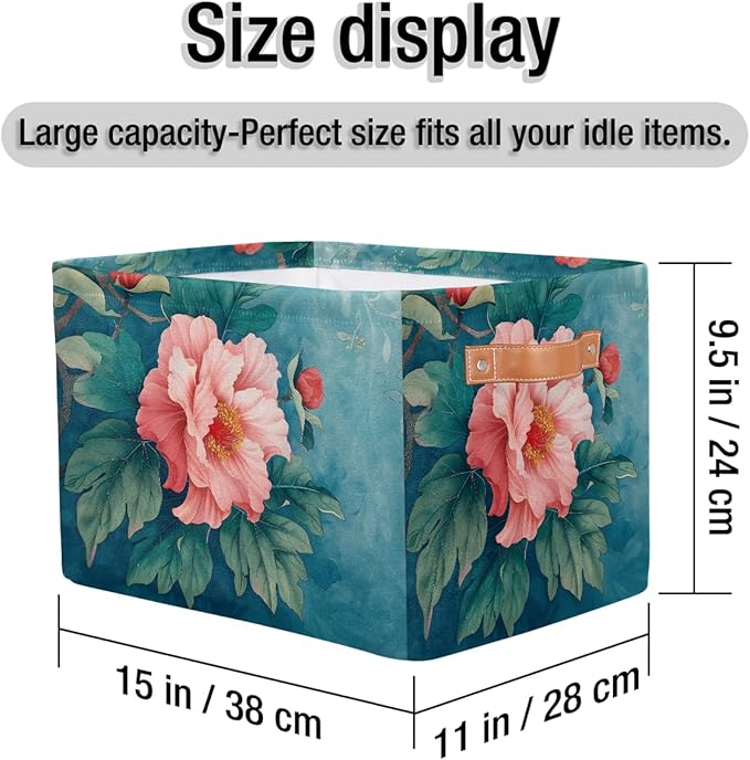 Pardick Basket Storage Bins Flower Floral Teal Rectangle Cube Basket Box Kids Girls Boys Toys Organizer Beaket Decor Foldable with Handle for Living Room Bedroom Closet Nursery Office Shelf Gifts
