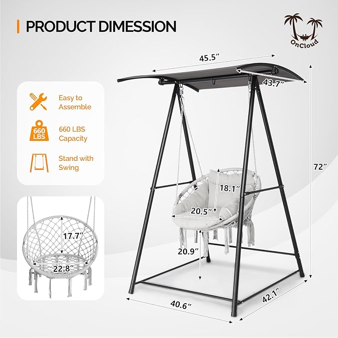 ONCLOUD Hammock Chair with Stand Comfy Hanging Chair with Cusion Swing Stand with Canopy for Outside Heavy Duty 660LBS Hammock Chair Set for Yard Patio (Full Set)