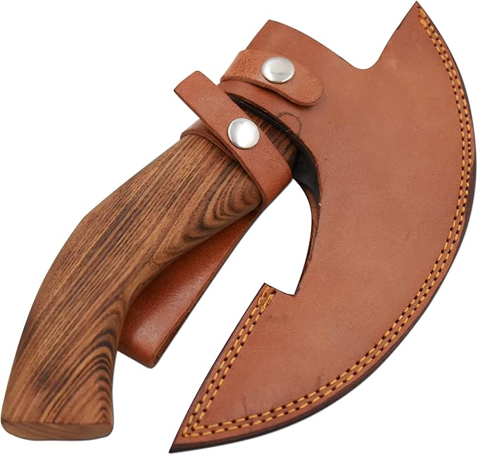 Handmade Ulu Kitchen Mini-Axe Knife Rose Wood Handle Comes with Leather Sheath (6009 High Carbon Steel)