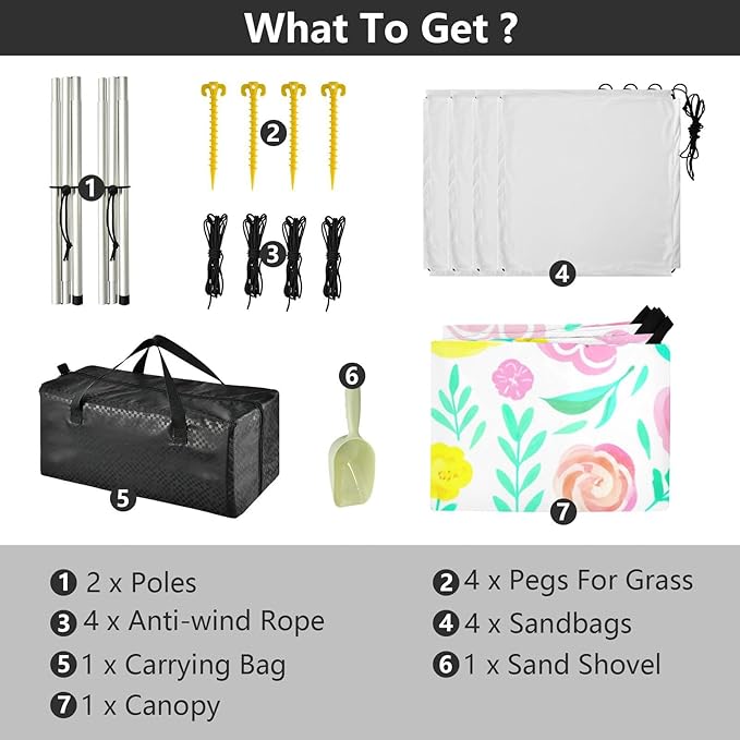 Beach Canopy with Windproof Ropes &amp Sandbags Beach Tent Sun Shade Sun Shelter for Camping Trips Fishing Backyard Fun or Picnics Flowers