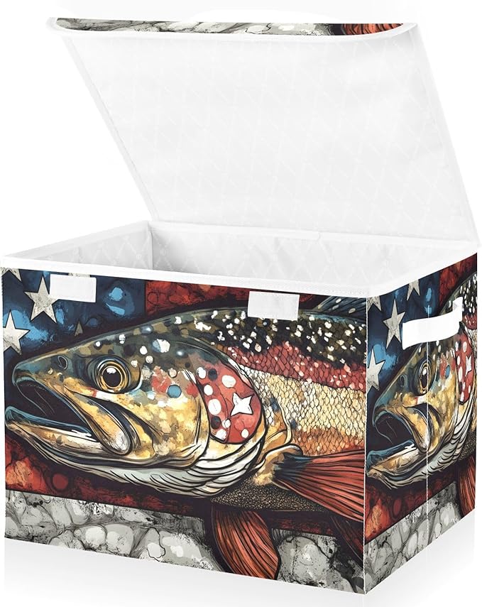Storage Cube with Lid Trout American Print 16.5×12.6×11.8 IN Collapsible Large Capacity Foldable Storage Basket Bin Organizer