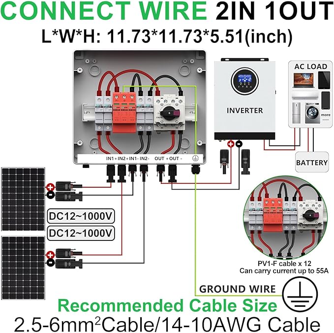 2 String Solar PV Combiner Box 2 in x20A 1 Out x 32A IP65 DC1000V 32A Disconnect Switch with Surge Protector and 20A PV Fuse Circuit Breaker Outdoor IP65 Waterproof for Solar Panels System