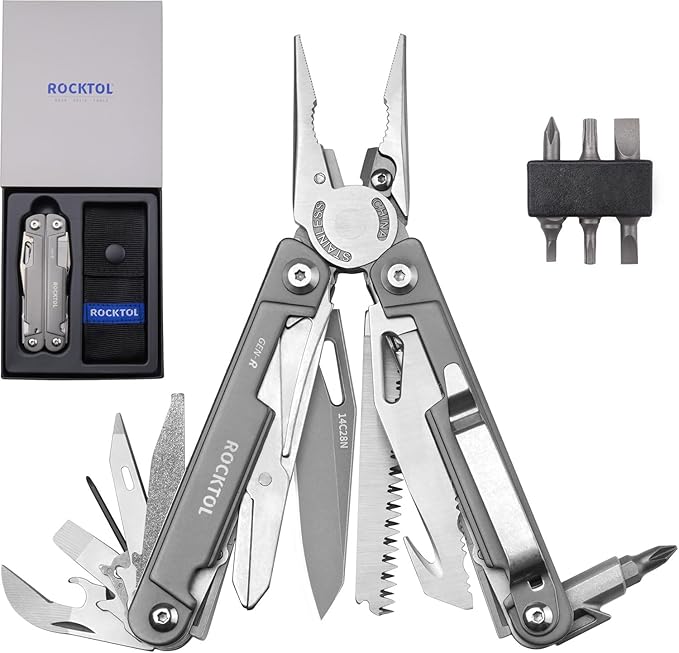 ROCKTOL Gen-R Multitool 14C28N Blade Titanium-plated Handle 27-in-1 Multi-tool EDC Pocket Knife Precision Screwdriver Gut Hook for Hunting Backpacking Hiking Camping Repairing