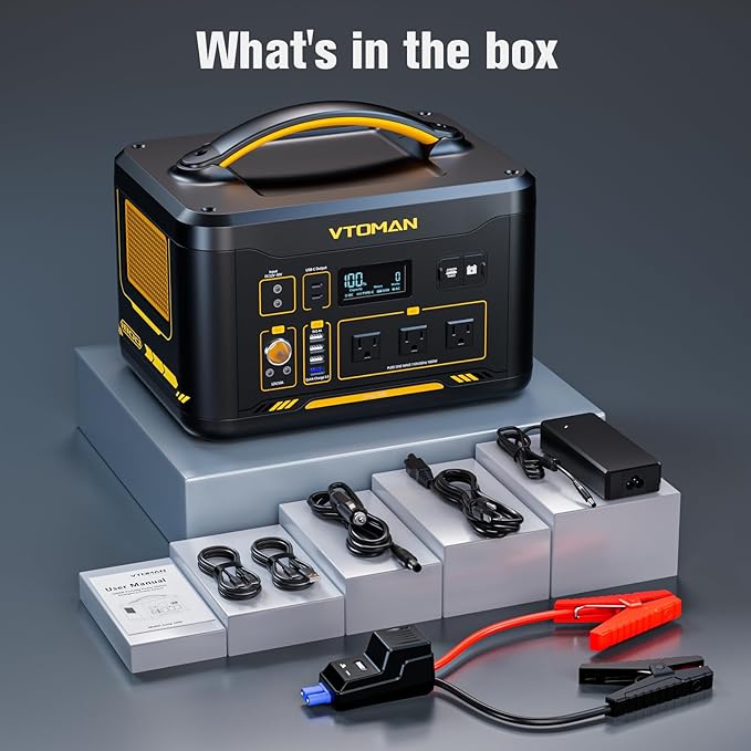 VTOMAN Jump 1800 Portable Power Station &amp12V Car Jump Starter 1548Wh LiFePO4 Battery Solar Generator with Jumper Cable 1800W 3xAC Outlets 2xPD 100W for Camping Roadside Rescue