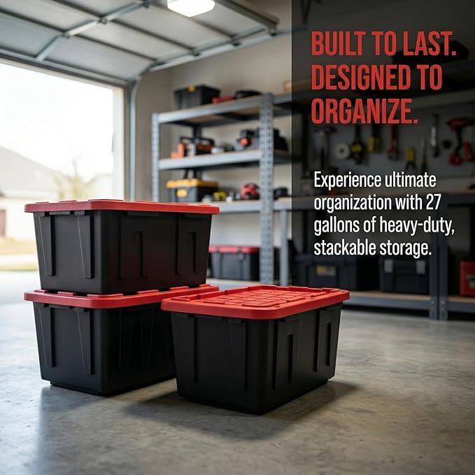 4Pcs 27-gallon Plastic Storage Box Sturdy and Durable with A Lockable Lid Suitable for Outdoor Garage Basement and Indoor Item Organization Stackable Storage Box Black Base and Red Lid