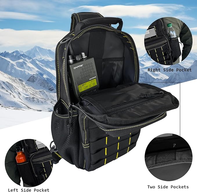 Rover Sling Pack Tactical Shoulder Sling Bag Backpack with Bottle Holder Crossbody Chest Bag Black with Yellow