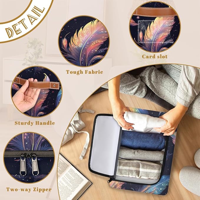 Boho Feather Storage Box with Lid Colorful Feathers Collapsible Storage Bins Baskets Cubes Closet Shelf Clothes Organizer Containers with PU Leather Handles