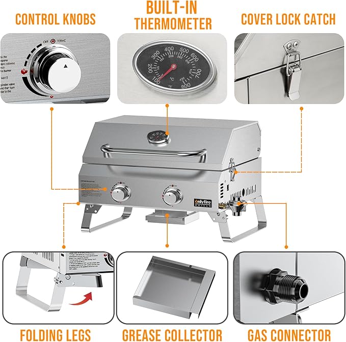 ONLYFIRE GRILLS Tabletop Gas Grill 2 Burners 20 Portable Propane Grill with Foldable Legs for Outdoor Patio Backyard Camping Tailgating RV Trip Beach Stainless Steel Gas Stove 16000BTU GS322