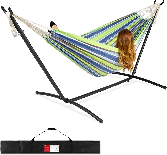 Best Choice Products Double Hammock with Steel Stand Indoor Outdoor Brazilian-Style Cotton Bed w/Carrying Bag 2-Person Capacity - Blue/Green Stripes