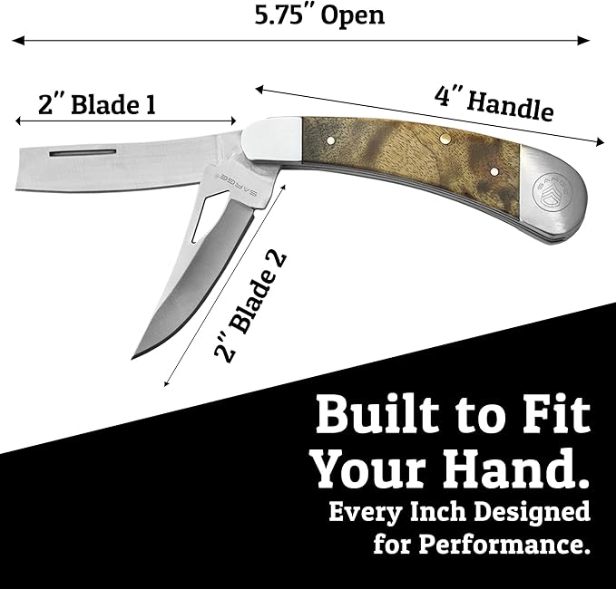 Sarge Knives Two Blade Pocket Knife (2 Blades) Compact Folding EDC Knife with 440 Stainless Steel Razor + Drop Point Maple Burlwood Handle Everyday Carry Knife for Camping Hunting &amp Utility U