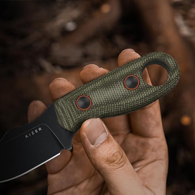 Kizer Beaver 2 Fixed Blade Knife 2.75 D2 Clip Point Blade EDC Hunting Knife with Green Micarta Handle Outdoor Camping Survival Knives with Kydex Sheath Small Neck Knives 1078M3