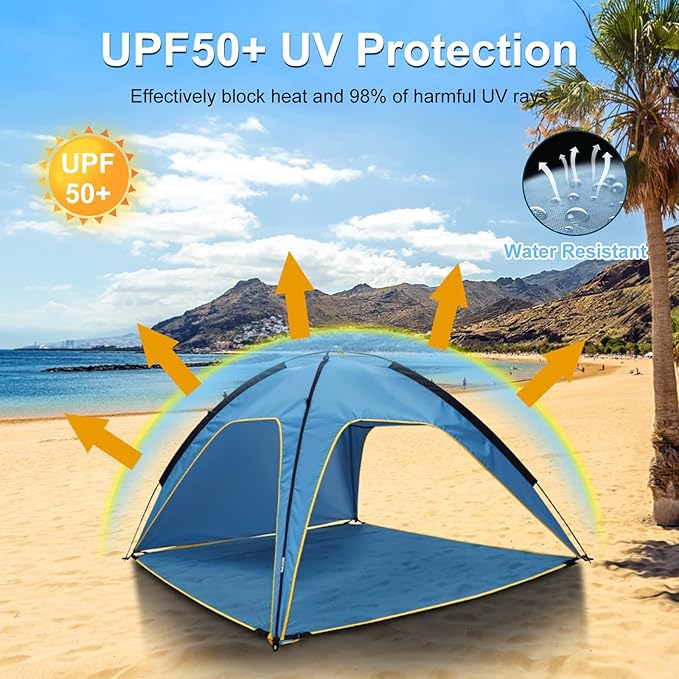 Beach Tent Sun Shelter for 4-6 Person Portable UPF 50+ UV Protection Sun Shade Shelter Easy Setup Waterproof Beach Shade Canopy with with Carrying Bag Lightweight Outdoor Tent