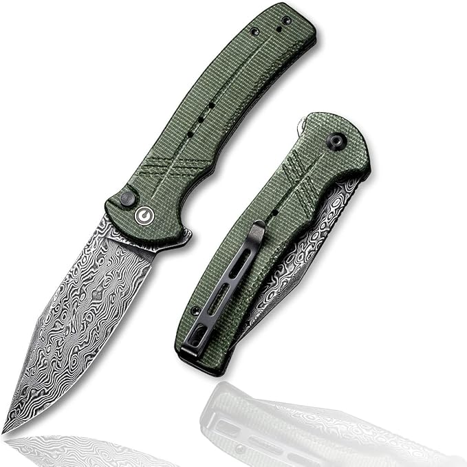 CIVIVI Cogent Button Lock Flipper Pocket Knife Damascus Blade Green Micarta Handle Good for Outdoor EDC Camping C20038D-DS1