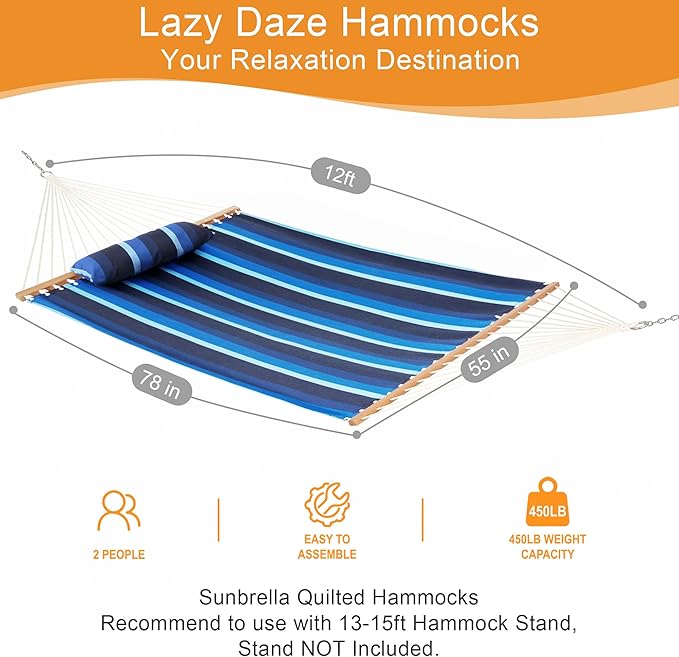 Lazy Daze Hammocks 12 FT Sunbrella Fabric Hammock not Fading with Spreader Bars and Free Pillow Fits for 2 Persons All Weather and Fade Resistant for Patio Yard 450 lbs Capacity Gateway Indigo