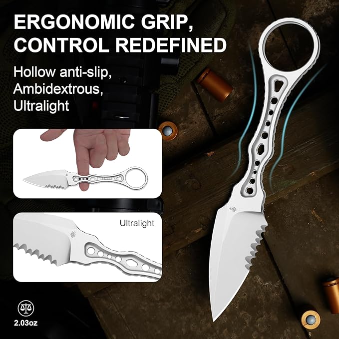 Kizer Defensor Fixed Blade Knife 2.56 Nitro-V Stonewashed Blade Skeletonized Tang Camping Knife with Sheath Portable Hunting Knives for Bushcraft Survival ZX-FB02A2