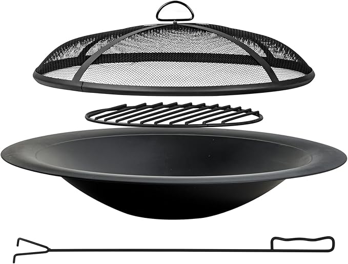 OutVue 35 inch Steel Fire Pit Bowl for DIY or Replacement Existing Fire Pits Wood Burning Fire Pit Bowl with Spark Screen &ampFire Poker Fireplace for Backyard Porch Deck Camping BBQ(Smooth)