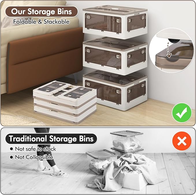 Giantex Storage Bins with Lids and Hidden Wheels 24 Gal Total Capacity 3 Pack Stackable Collapsible Storage Boxes with 5 Opening Doors Foldable Plastic Closet Organizers for School Dorm Office