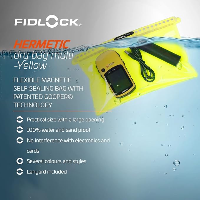 FIDLOCK Hermetic Dry Bag Flexible Magnetic Self-Sealing Bag for Cellphone | 100% Water &amp Sand Proof | Practical Size with a Large Opening | Lanyard Included | Mega | Fabric Black